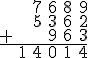 \array{ & & 7 & 6 & 8 & 9\\ & & 5 & 3 & 6 & 2\\ + & & & 9 & 6 & 3 \\ \hline \hspace{3}& 1 & 4 & 0 & 1 & 4}